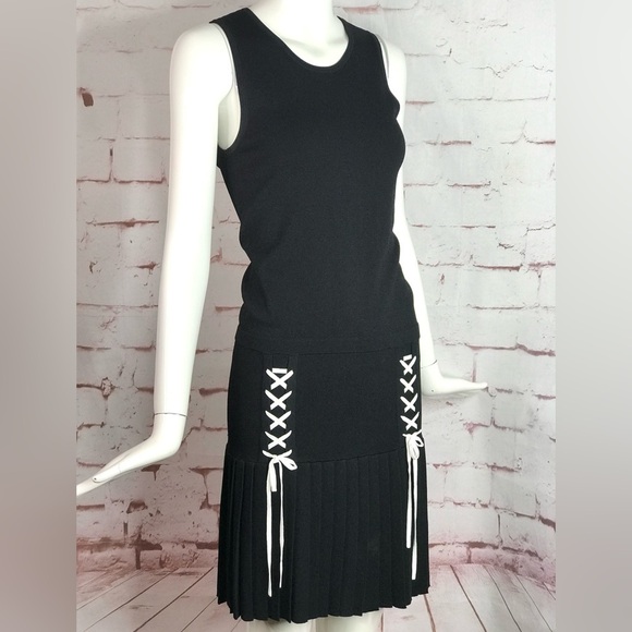 PARKER XS Kennedy Black Knit Pleated Skirt Drop Waist Lace Up Ties Tank Dress XS - Picture 2 of 16